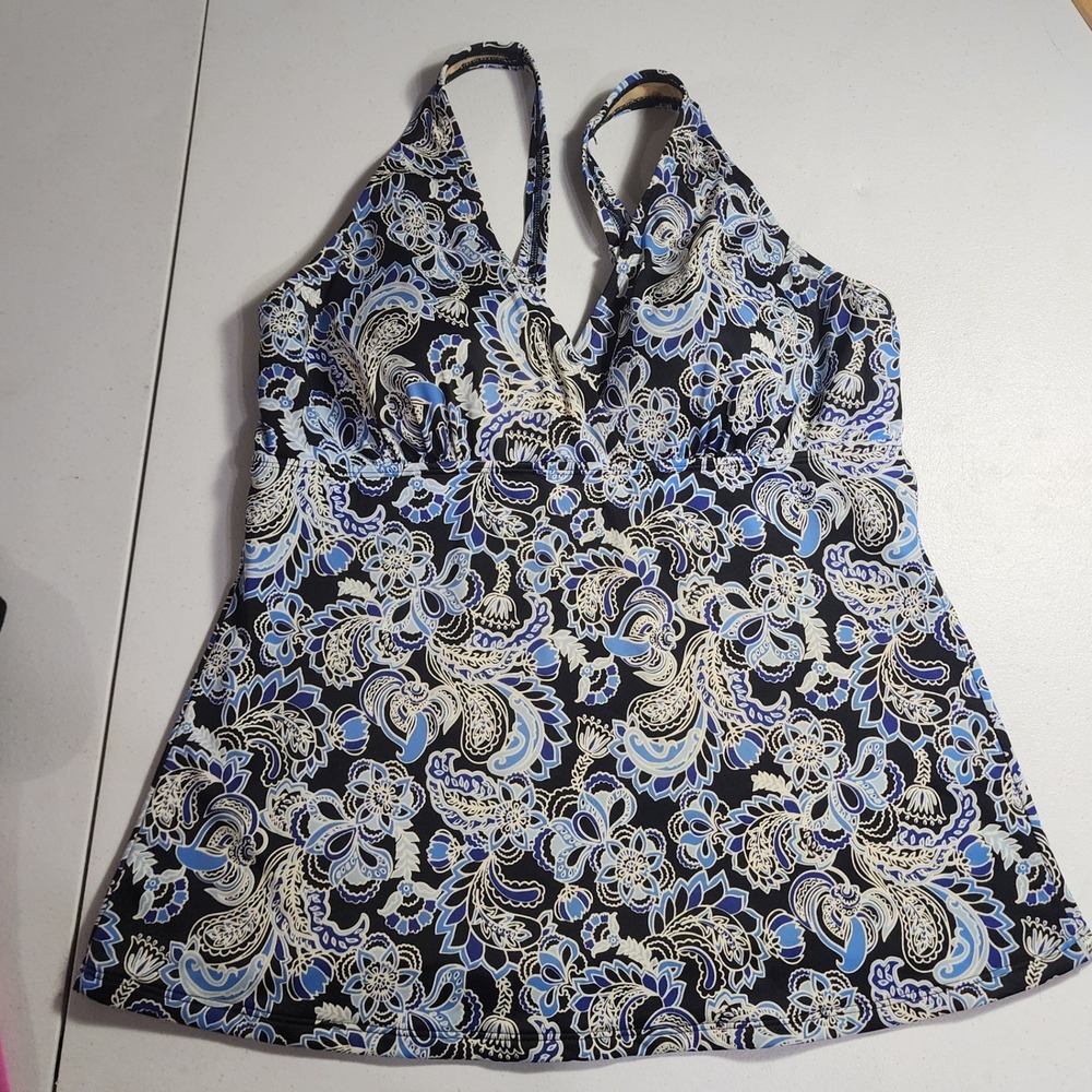 LL Bean Blue Paisley Tankini Swim Top UPF 50+‎ Size 14 pad bra adjustable straps